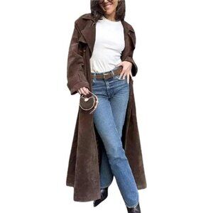 Women's Long Brown Suede-Style Trench Coat